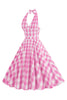 Load image into Gallery viewer, Rosa grime rutete ermeløs kjole fra 1950-tallet med belte
