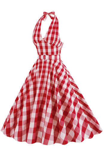 Rosa grime rutete ermeløs kjole fra 1950-tallet med belte