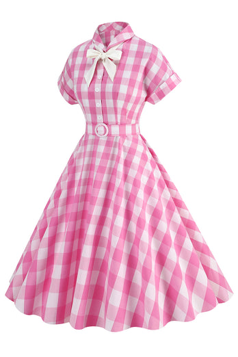 Rosa rutete sløyfeknute kjole fra 1950-tallet med korte ermer