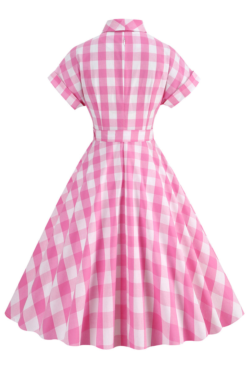 Load image into Gallery viewer, Rosa rutete sløyfeknute kjole fra 1950-tallet med korte ermer