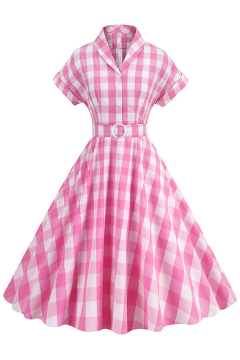 Rosa rutete sløyfeknute kjole fra 1950-tallet med korte ermer