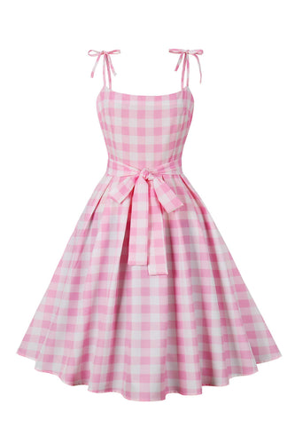 Rosa rutete pin up vintage kjole fra 1950-tallet