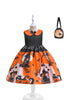 Load image into Gallery viewer, Oransje ermeløs trykt Halloween jentekjole med sløyfeknute