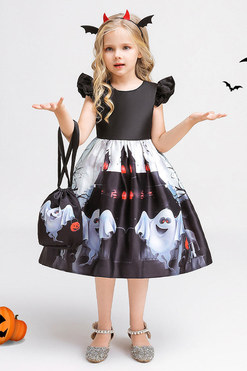 Load image into Gallery viewer, Black Cap ermer Round Neck A Line Halloween Girl kjole med sløyfe