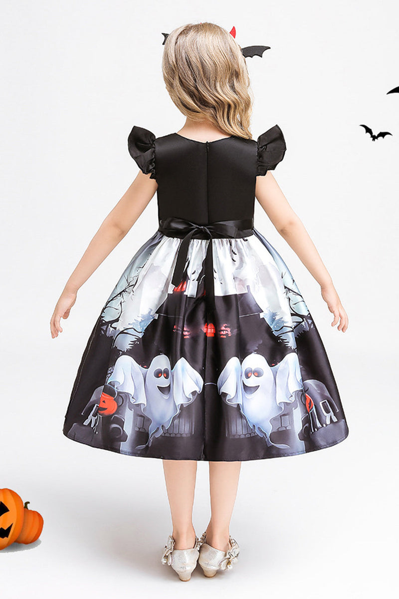 Load image into Gallery viewer, Black Cap ermer Round Neck A Line Halloween Girl kjole med sløyfe
