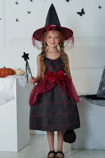 Burgunder stropper trykt Halloween jente kjole med sløyfe