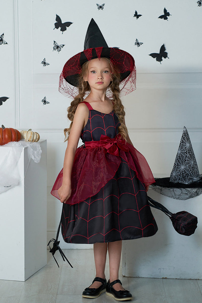Load image into Gallery viewer, Burgunder stropper trykt Halloween jente kjole med sløyfe