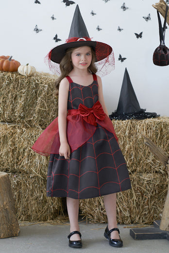 Burgunder stropper trykt Halloween jente kjole med sløyfe