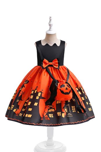 Orange Trykt en linje ermeløs Halloween Girl kjole med sløyfe