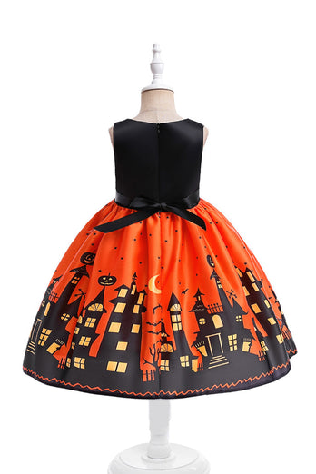 Orange Trykt en linje ermeløs Halloween Girl kjole med sløyfe