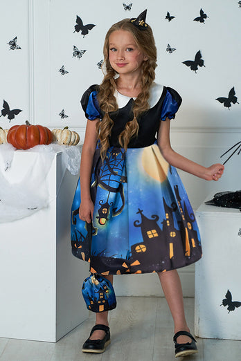 Blå Puff ermer trykt Halloween Girl Dress