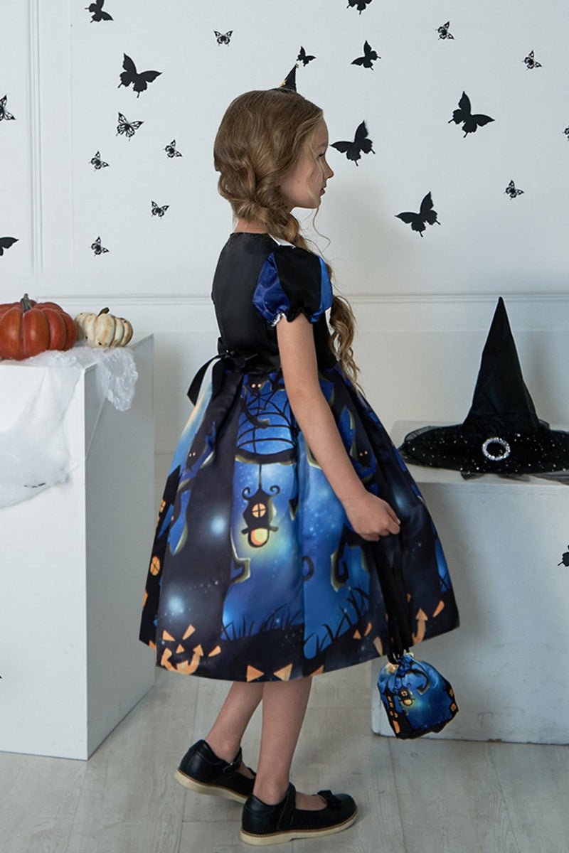 Load image into Gallery viewer, Blå Puff ermer trykt Halloween Girl Dress