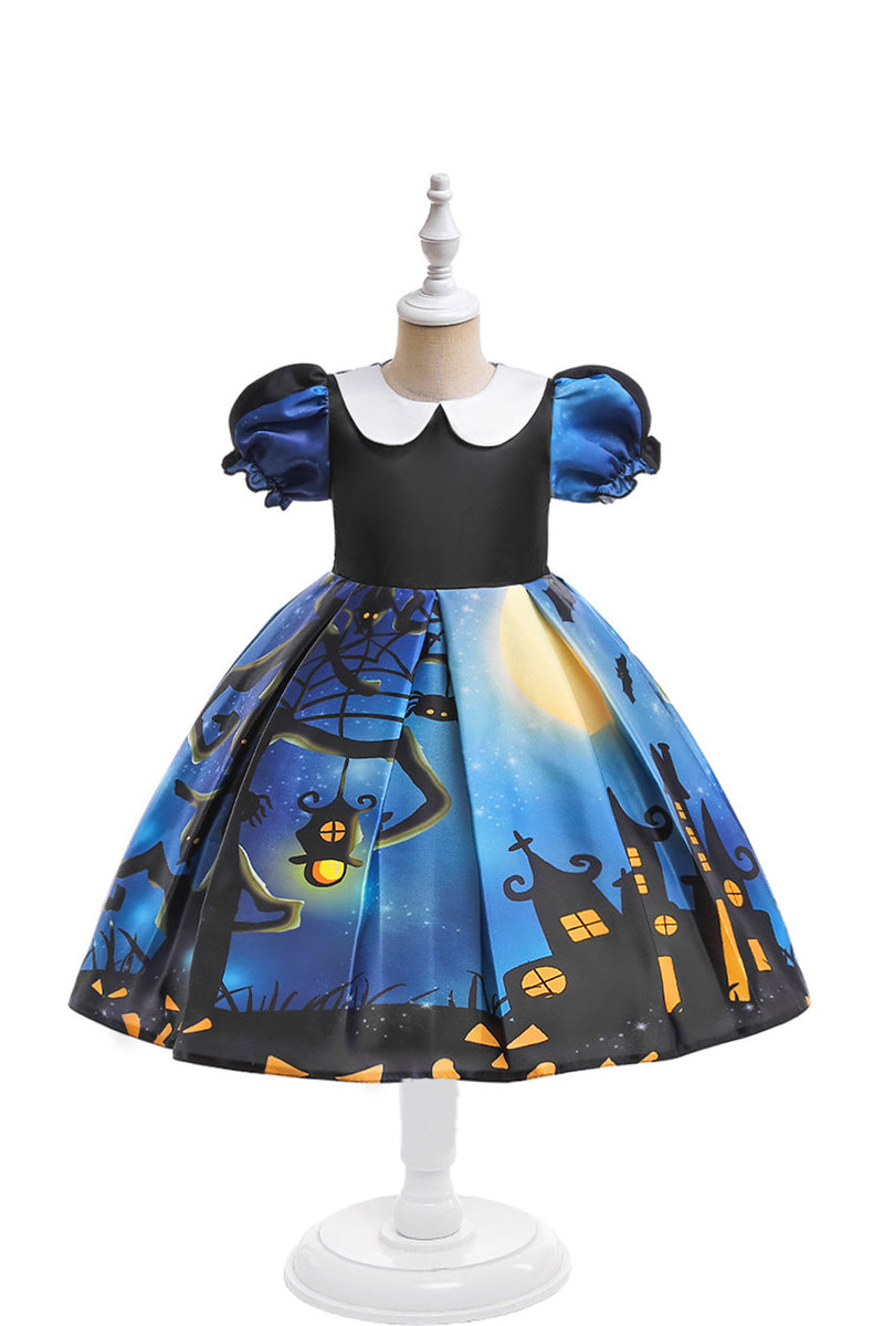 Load image into Gallery viewer, Blå Puff ermer trykt Halloween Girl Dress