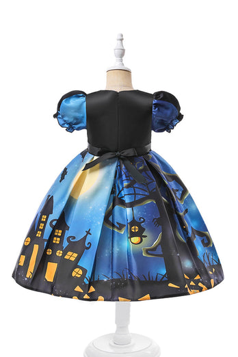 Blå Puff ermer trykt Halloween Girl Dress