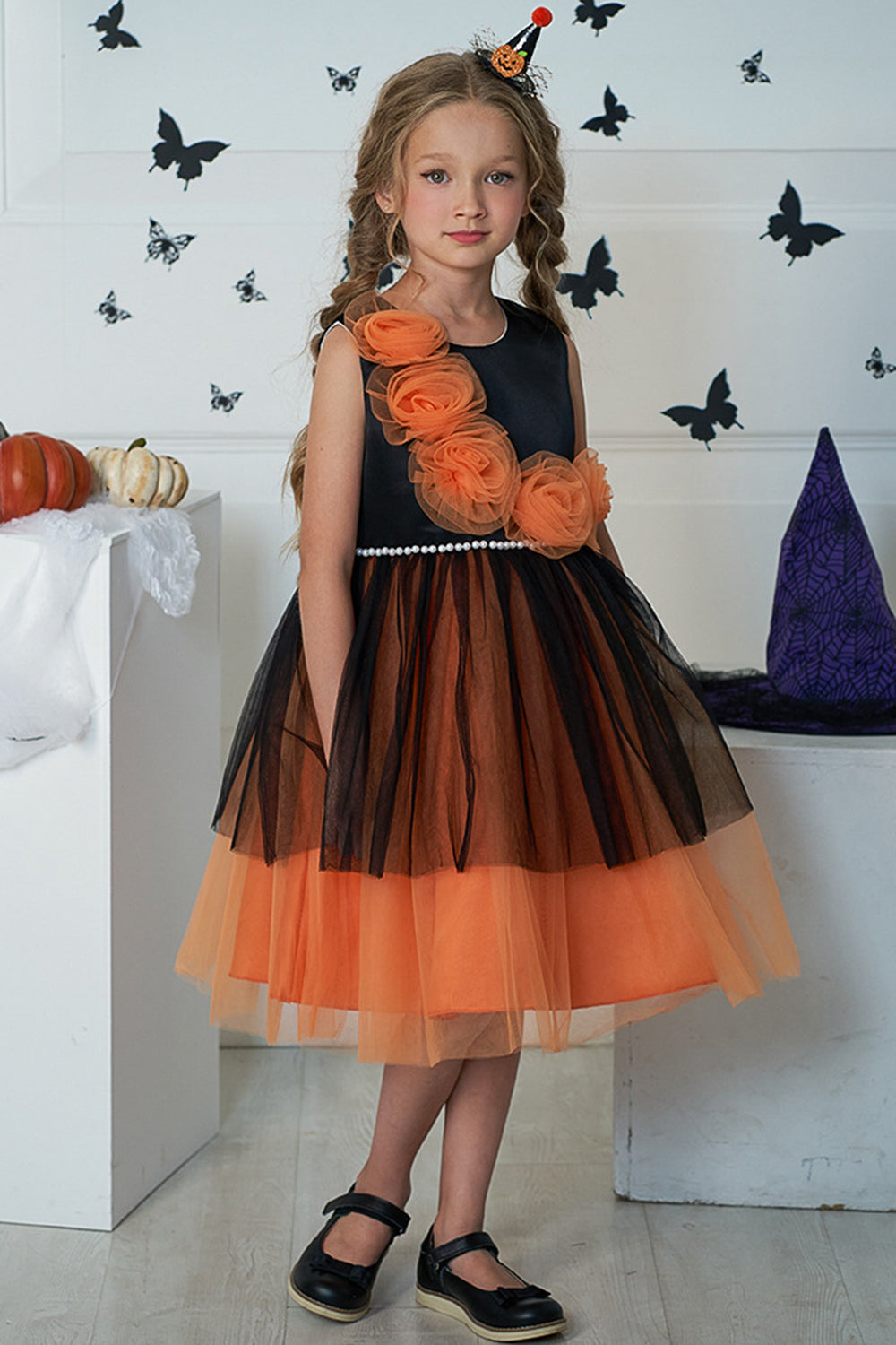 Oransje Round Neck Flower Tylle Halloween Girl Dress