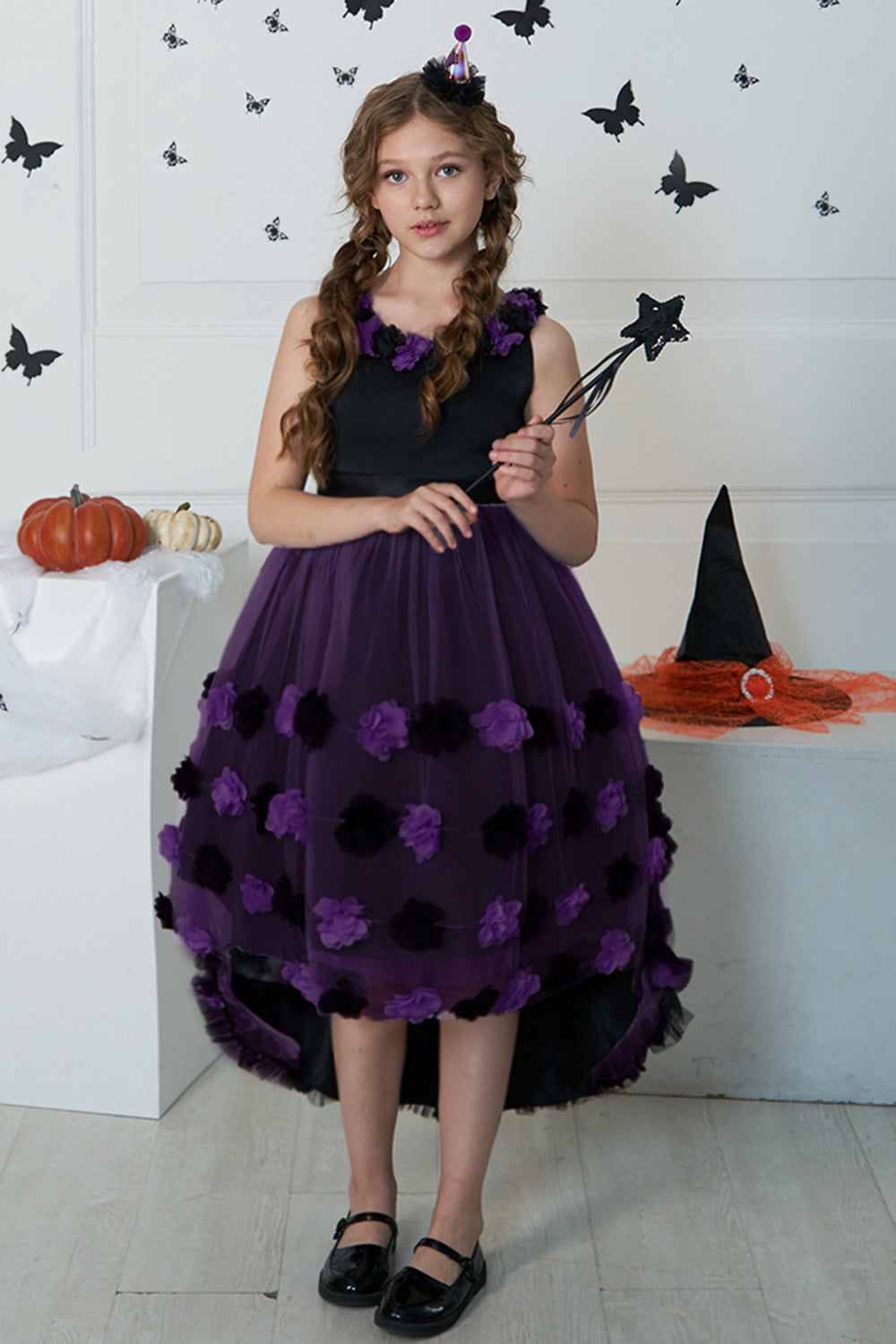 Mørk lilla høy lav tyll Halloween jentekjole med 3D-blomst