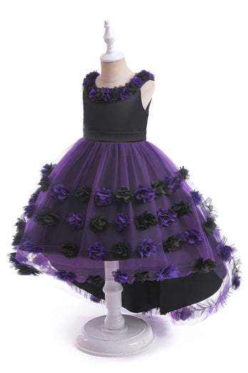 Mørk lilla høy lav tyll Halloween jentekjole med 3D-blomst