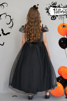 Svart kald skulder paljett tyll lang Halloween jente kjole