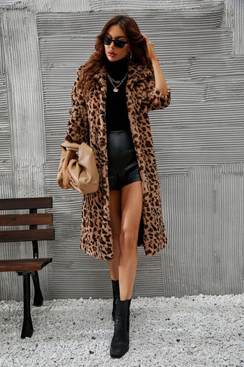 Brown Leopard Trykt Faux Fur Long Women Coat