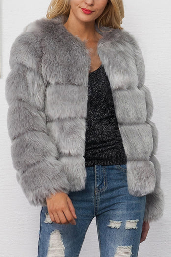 Grey Shawl Lapel Beskåret Kvinner Faux Fur Coat