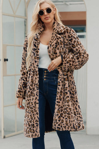 Brown Notched Lapel Leopard Trykt Long Women Faux Fur Coat