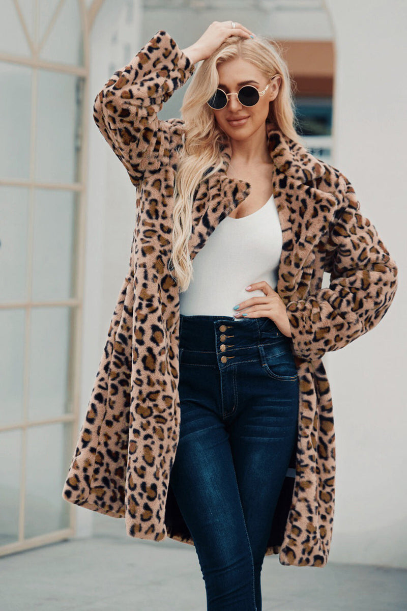 Load image into Gallery viewer, Brown Notched Lapel Leopard Trykt Long Women Faux Fur Coat