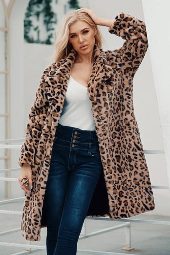 Brown Notched Lapel Leopard Trykt Long Women Faux Fur Coat