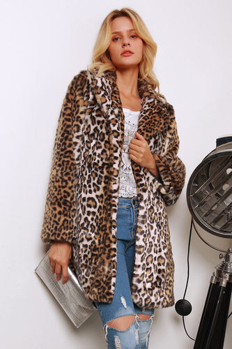 Brun leopard trykt hakket jakke lang fuskepels kvinner frakk