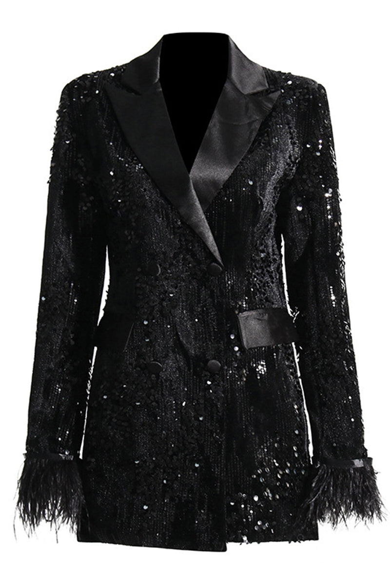 Load image into Gallery viewer, Sparkly Black Peak Lapel Sequins Women Blazer med fjær