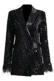 Sparkly Black Peak Lapel Sequins Women Blazer med fjær