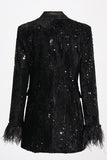 Sparkly Black Peak Lapel Sequins Women Blazer med fjær