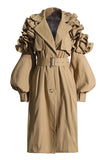 Khaki hakket lapel ruffled lang trenchcoat