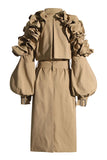 Khaki hakket lapel ruffled lang trenchcoat