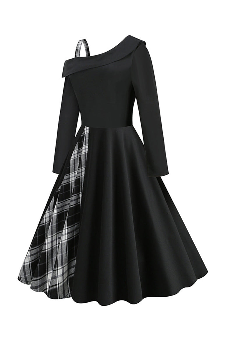 Load image into Gallery viewer, Retrostil En skulder Svart rutete kjole fra 1950-tallet