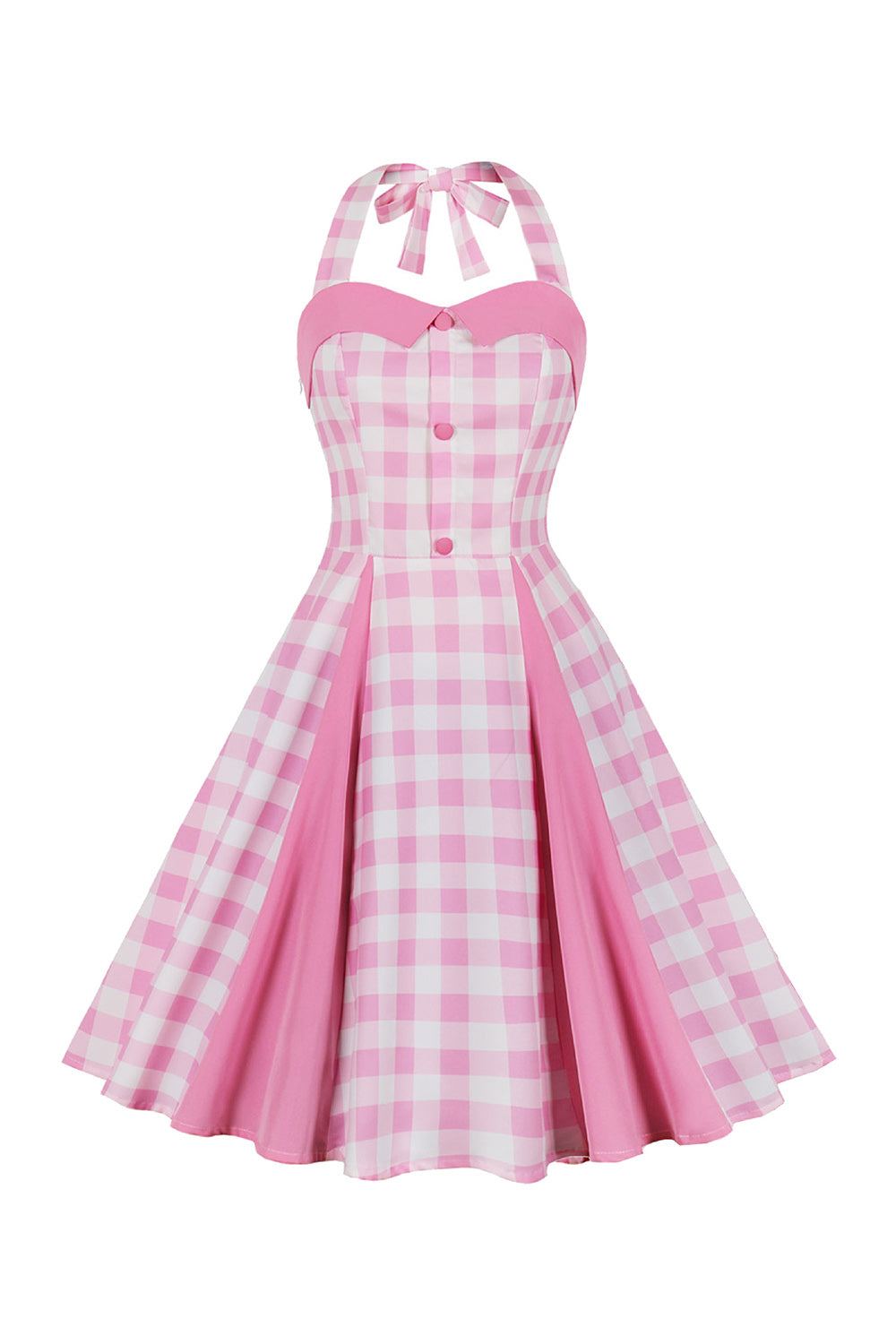 En linje Halter Neck Rosa rutete rosa kjole fra 1950-tallet