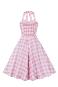 En linje Halter Neck Rosa rutete rosa kjole fra 1950-tallet