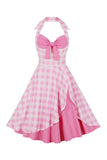 Retro Styles A Line Halter Neck Pink Plaid 1950 Dress