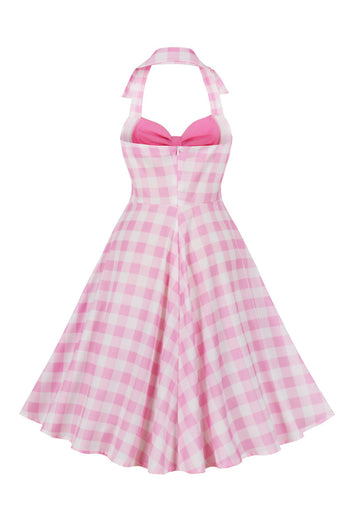 Retro Styles A Line Halter Neck Pink Plaid 1950 Dress