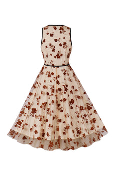 En linje V Neck Aprikos Vintage kjole med Appiques