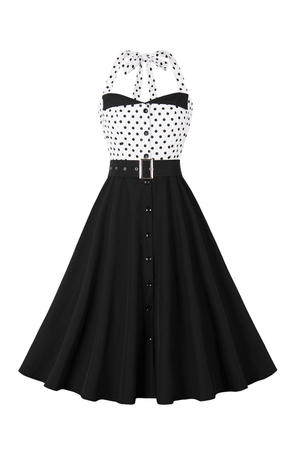 A Line Halter Neck Polka Dots Svart kjole fra 1950-tallet