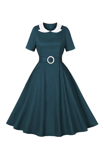 Peacock Blue A Line Swing 1950-tallet kjole med belte
