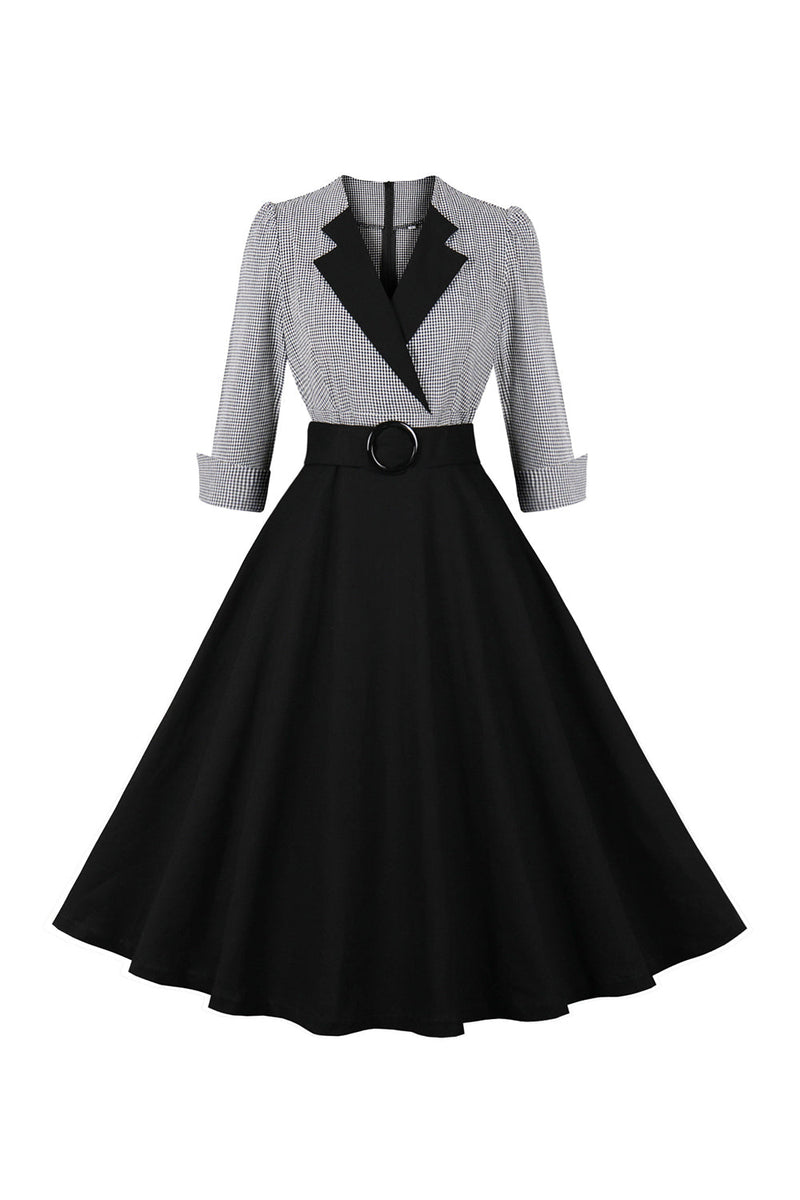 Load image into Gallery viewer, Lange ermer rutete sving 1950-tallet kjole med belte