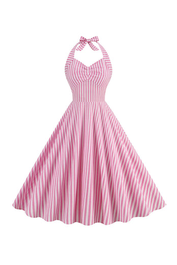 Rosa striper Halter Swing kjole fra 1950-tallet