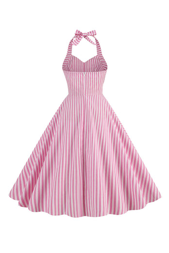 Rosa striper Halter Swing kjole fra 1950-tallet
