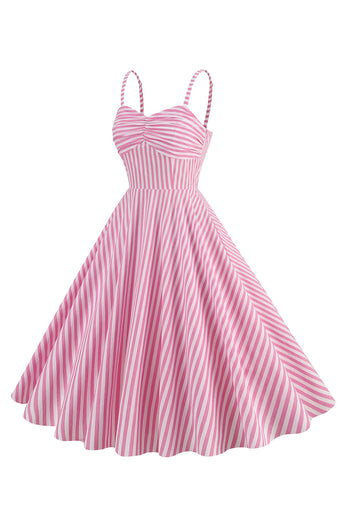 Spaghetti stropper Rosa striper Swing 1950-tallet kjole