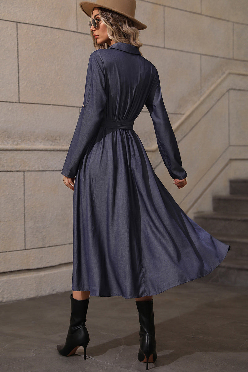 Load image into Gallery viewer, En linje lange ermer Navy Casual kjole med belte