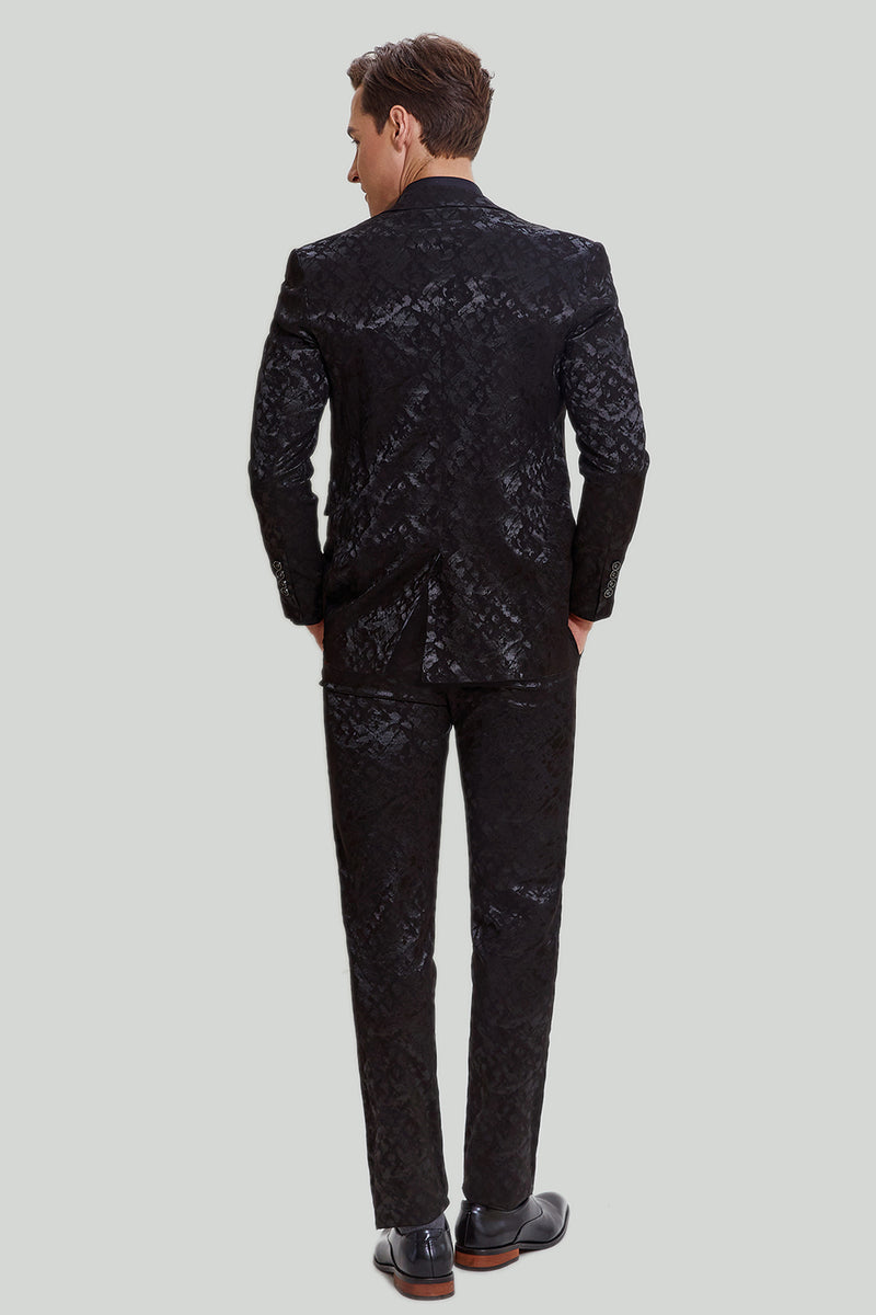 Load image into Gallery viewer, menns svart 3-delt jacquard jakke vest bukser dress