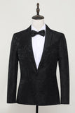 Svart Jacquard Sateng Notched Lapel Herre Blazer