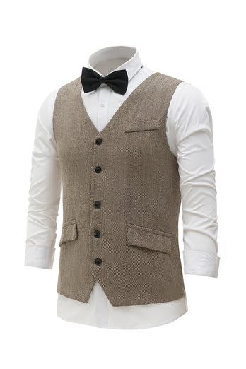 Khaki Solid Single Breasted Shawl Lapel Herre Dress Vest