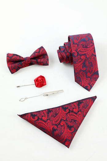 Burgund jacquard menns 5-delt tilbehør sett slips og sløyfe lomme firkantet blomst jakkepinne slips klipp